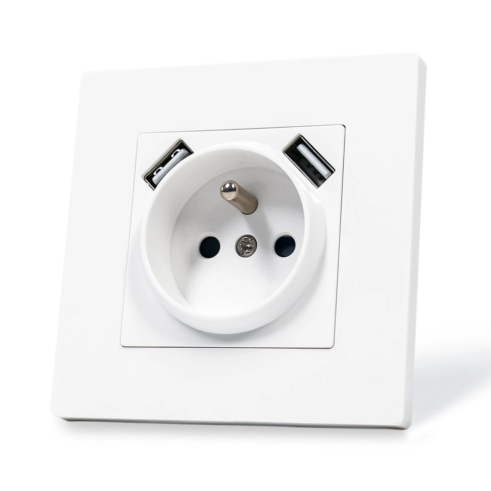 European Type White/Black/Gold/Grey PC Panel French Socket with Dual Type-a USB Ports 2100mA Wall Outlets with USB