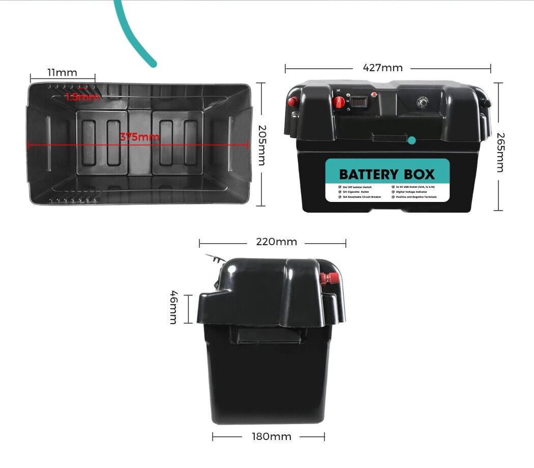 Portable 12V 2X USB & Cig Socket Fits Most Deep Cycle Battery Box