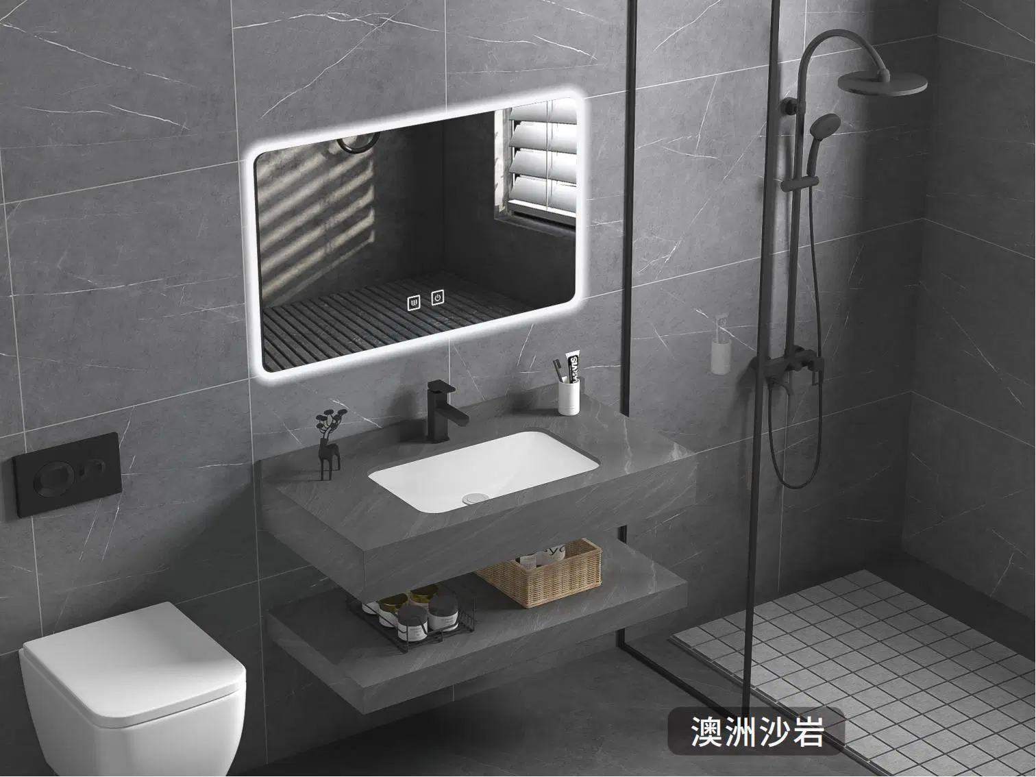 Modern LED Mirror Bathroom Furniture Cabinet Vanities Furniture with Rock Plate Basin