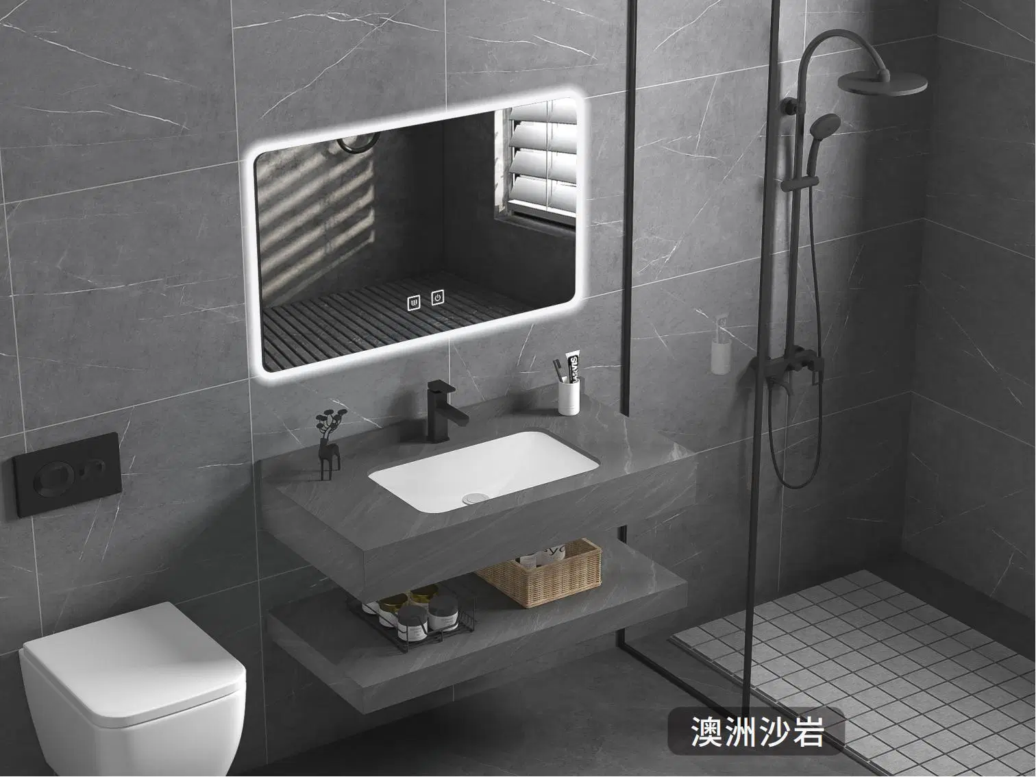 Moderno espejo LED Cuarto de baño Muebles Vanities Armario Muebles con roca Cuenca de placas