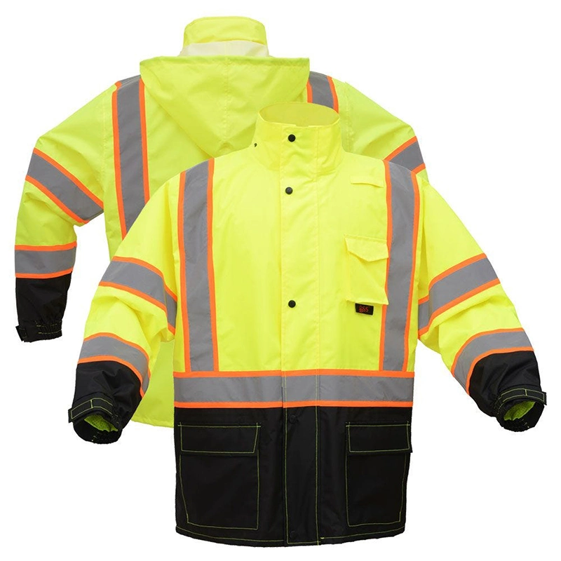 Comercio al por mayor de la Chaqueta reflectante de seguridad traje de poliéster Oxford impermeable de PVC Tela capa de lluvia para el trabajo