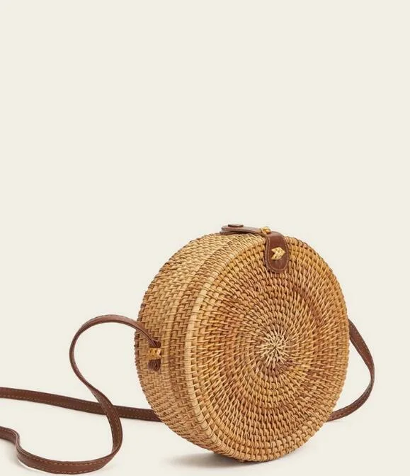 Vintage Natural Rattan Beach Bag Ladies Round Bag Women Straw Shoulder Bags