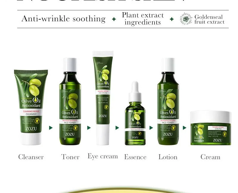 Mayorista en línea en el stock aceite de oliva Anti-arrugas calmante blanqueamiento de seis piezas Set Anti Aging Kit Facial Care Set aceite de Olivos Set de cuidado de la piel antioxidante