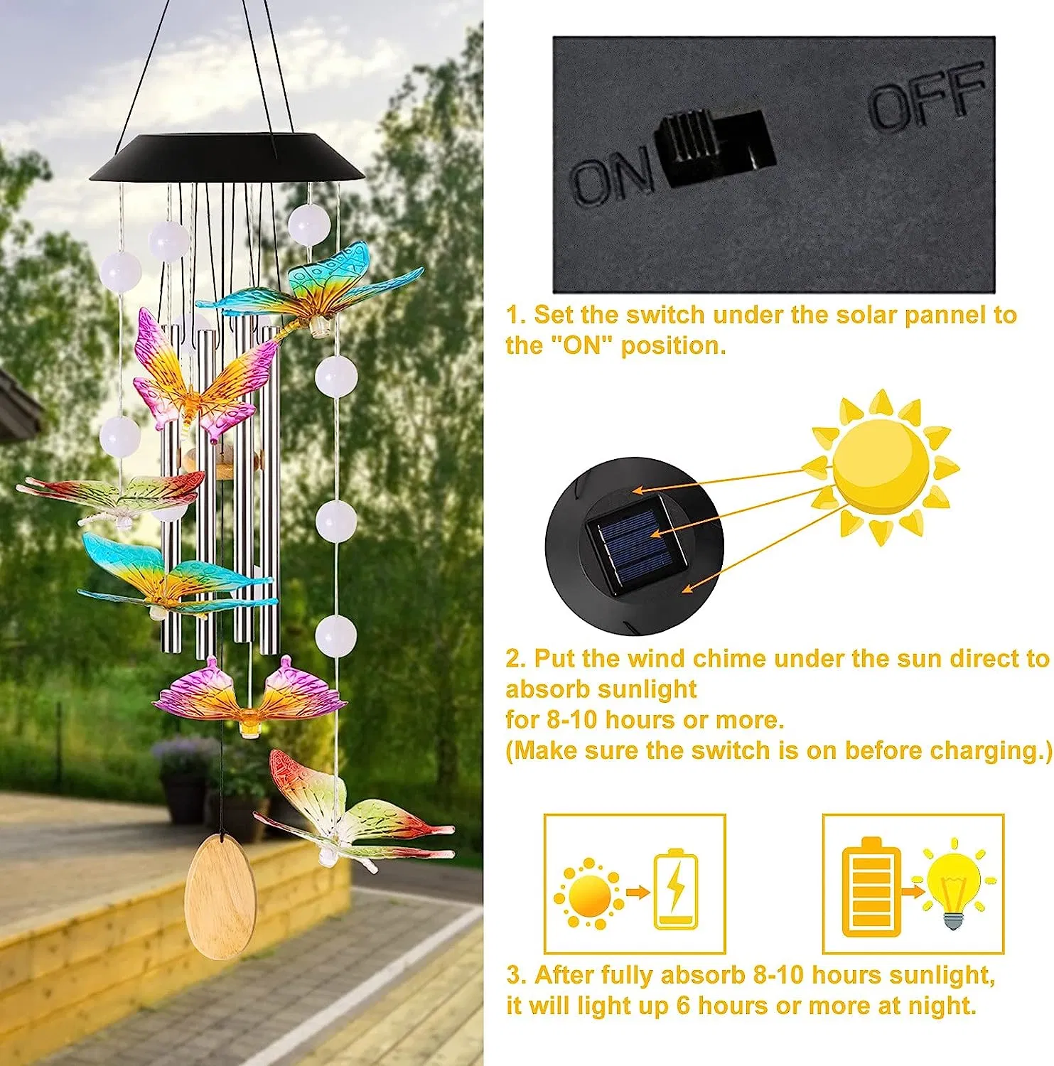 Wind Chimes, Home Decoration Solar Wind Chime 6 Butterfly 4 Music Aluminum Tubes 15 LED Balls Outdoor Waterproof LED Wind Chime, Gifts for Birthday Night Part