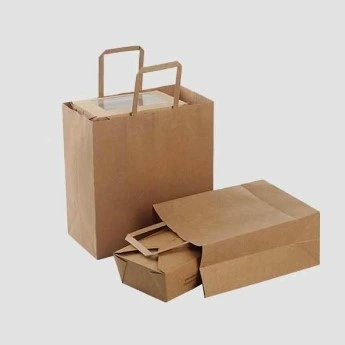 Bolsa de papel desechable biodegradable a medida con diseño de balsa de alimentos con diseño plano Asas