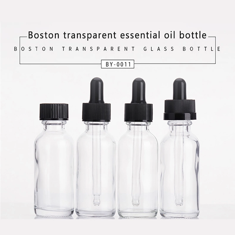 Frasco de Óleo Essencial de Boston grossista 30ml 50ml 60ml claro frasco conta-gotas de vidro transparente