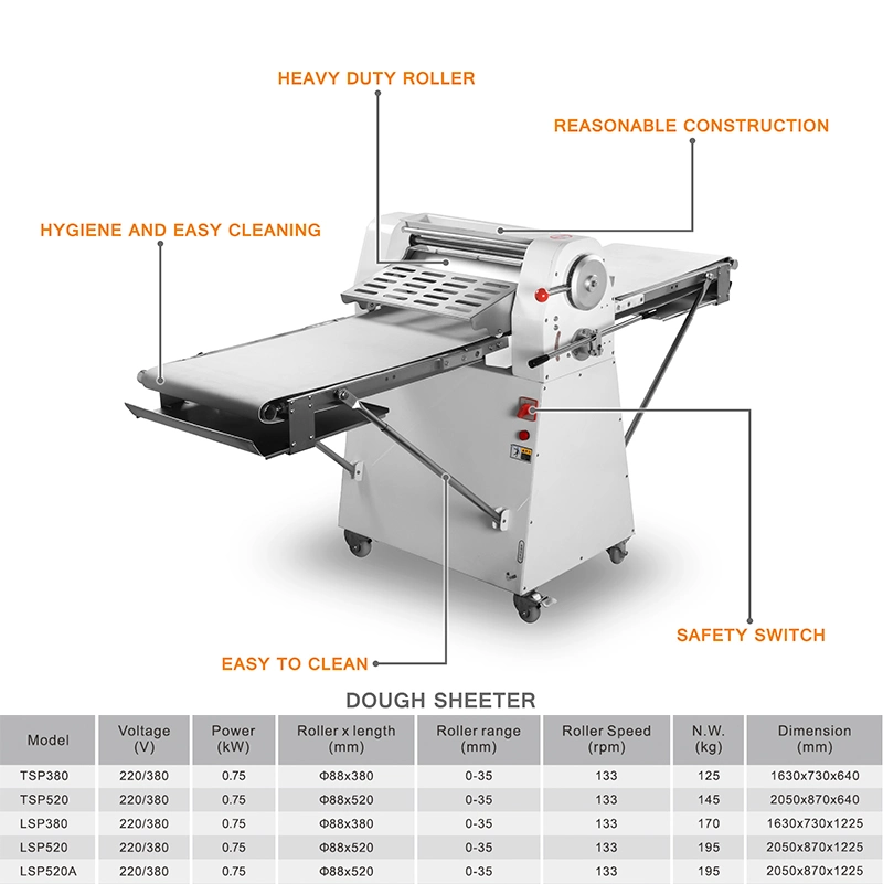 Máquina de padaria 520 padaria massa de pão pastelaria Sheter Máquina plana Massa para massa para folhas 1-40 mm Damatic 210 kg 240 kg 500 mm