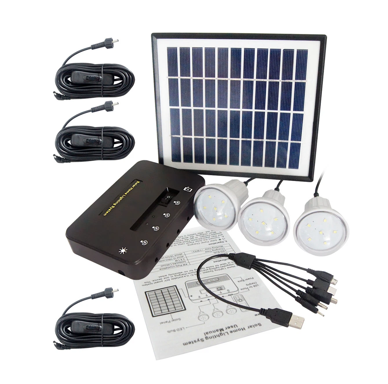 4W 3 Kit de Iluminación Solar Sistema Solar de la luz de lámpara LED de batería de litio reemplazable con teléfono de carga para su uso en casa