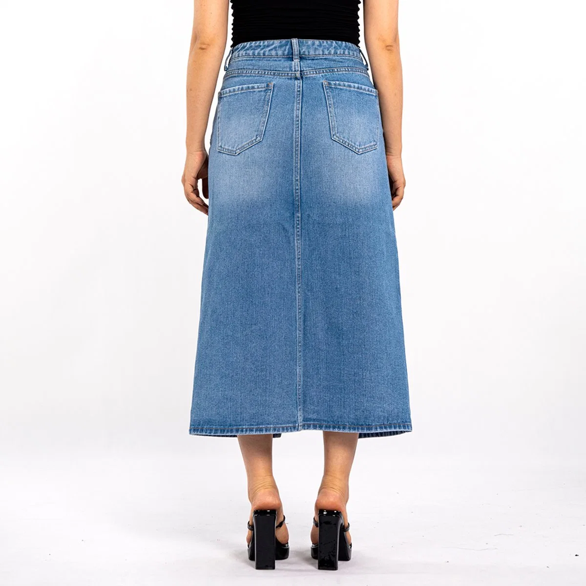 Custom Blue Washed Straight High Waist Split Denim Skirt for Women