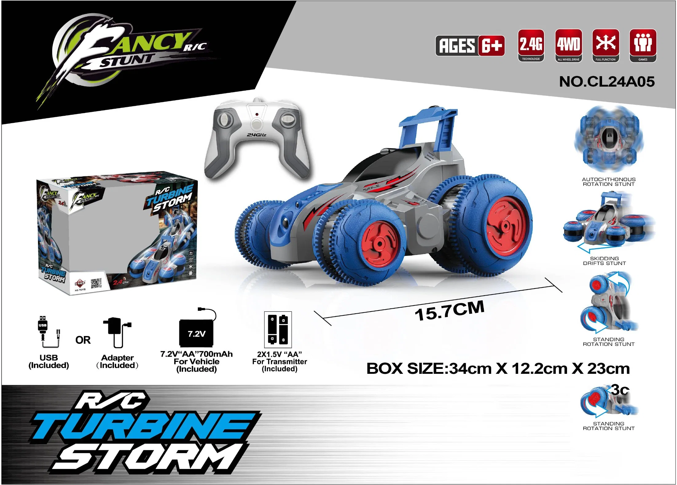 2.4G 1: 24 RC Stunt Car Control Remoto Stunt Car 4WD de la tormenta de la Turbina de Alta Velocidad de rotación de recargable Stunt Car CL24A05