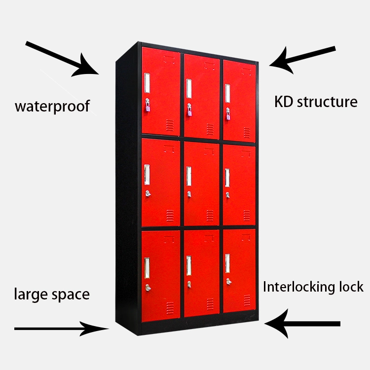 Red Aluminum Clothing Storage Closet 9 Door Gym Locker Modern Nine Door Design Style Steel Locker