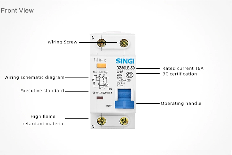 Dz30le-50 Residual Current Circuit Breaker with Over Current Protection (RCBOs) 230V 30mA 1p+N 32A 50A 3ka MCB RCBO