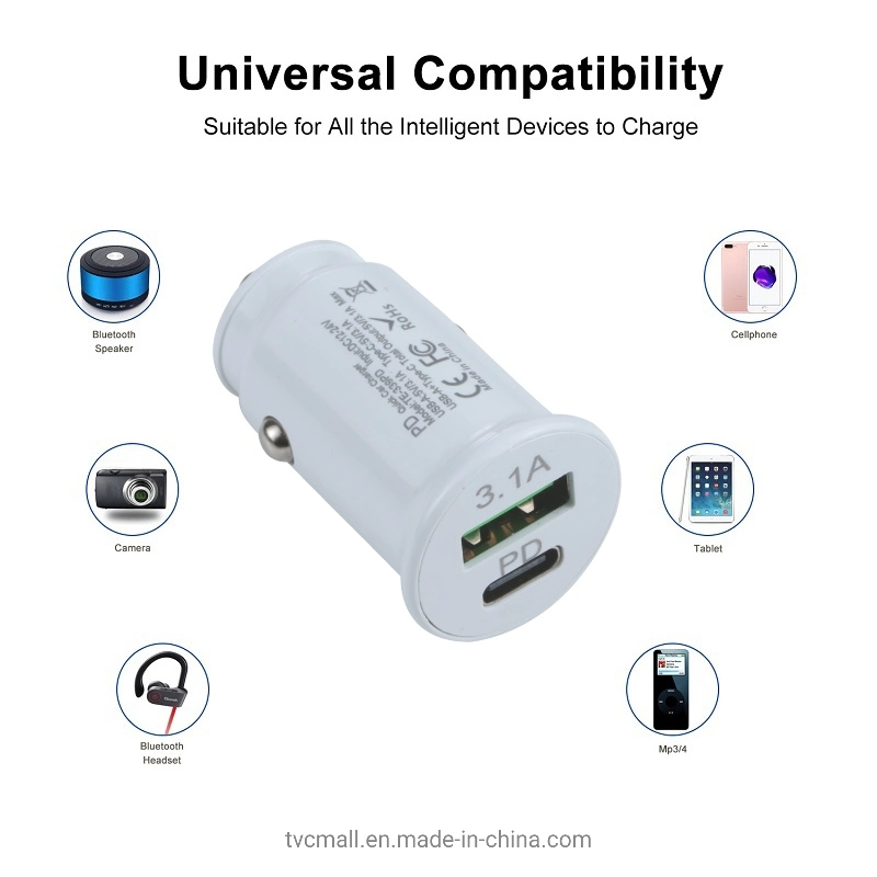 Hot Sale Te-339pd 5V/3.1A PC Type-C + 3.1A USB Mini Car Charger Dual Ports Cigarette Lighter Fast Charging - White