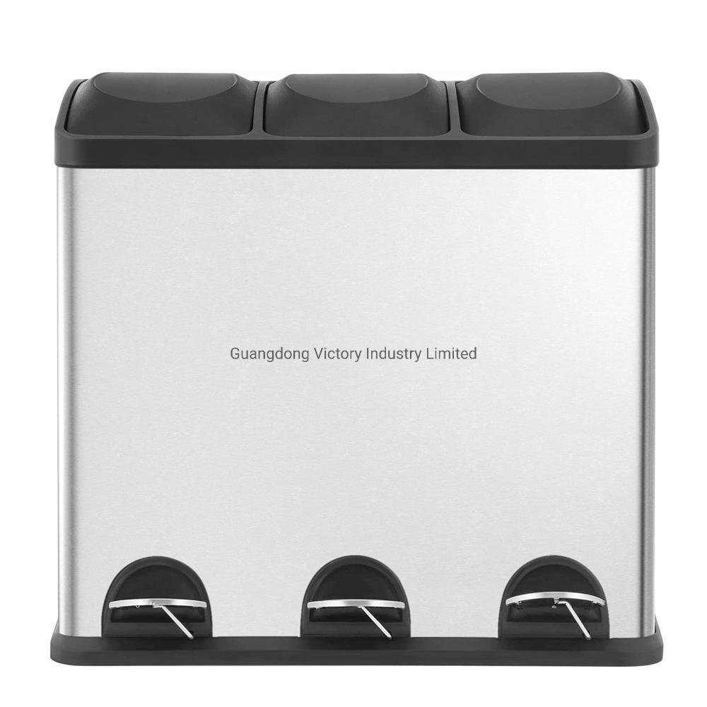 60L 3-Compartment Stainless Steel Pedal Recycle Trash Can Kitchen Dustbin