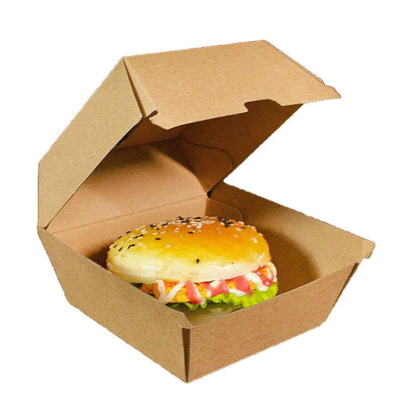 Square Brown Kraft Caja de papel de hamburguesas de contenedores de comida rápida desechables