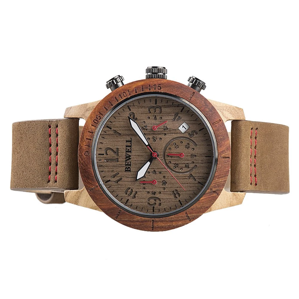 Bewell Wood Watch Men Luxury Genuine Leather Strap Japan Quartz Movt Custom Watch Men