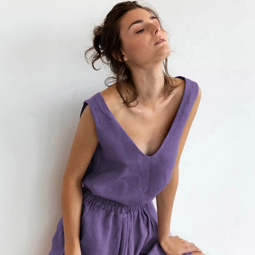 O verão V Roxo Pescoço sem mangas roupa de algodão 2 pedaço Luxury Senhoras Sleepwear Definido