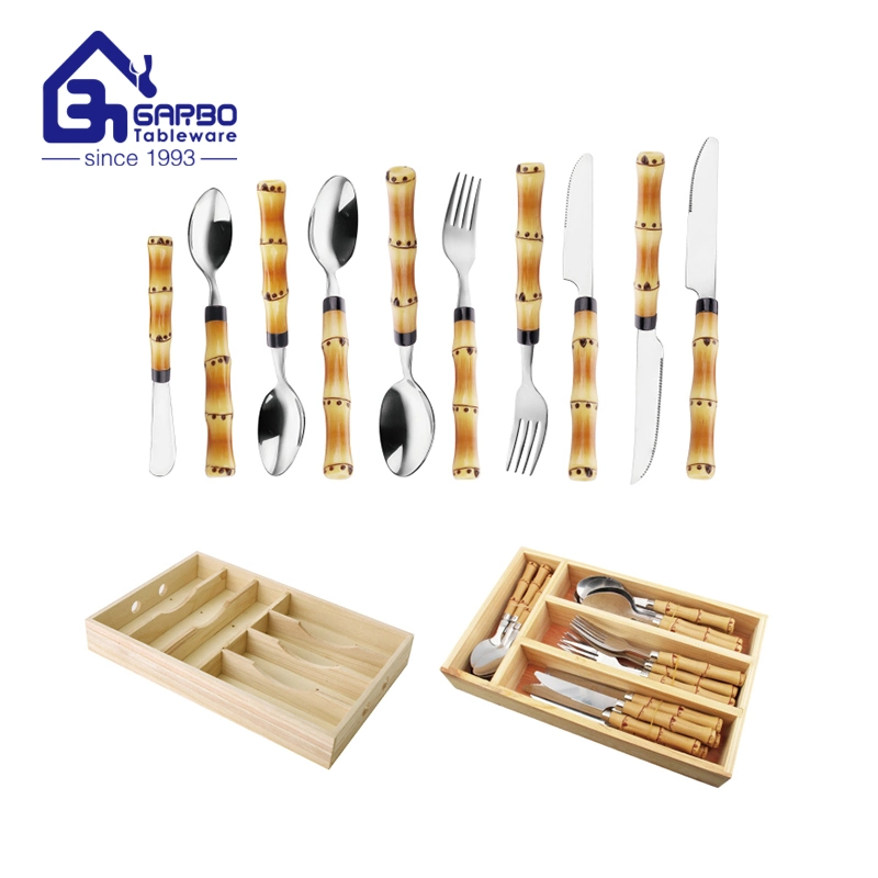 Imitate Bamboo Silverware Stainless Steel Steak Knives Forks Dessert Spoons Kitchen Utensils