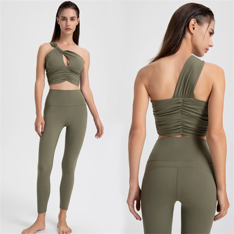 New Sexy Back Yoga Suit One Shoulder Sports Bra Crop Top High Waist Hip Lifting Running Yoga Pants Set