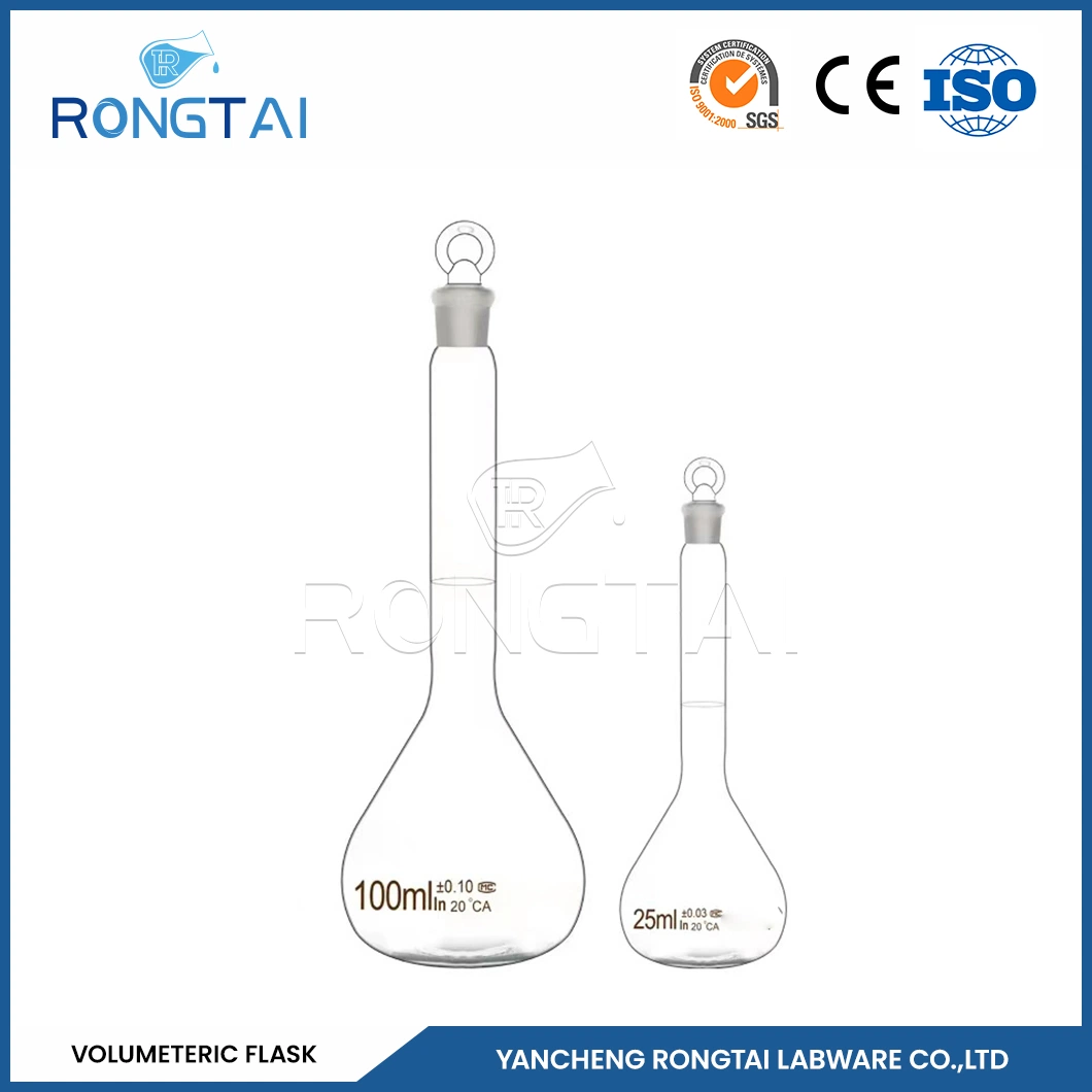 Rongtai fábrica de equipos de laboratorio químico matraz volumétrico 50ml China transparente Matraz volumétrico de vidrio transparente