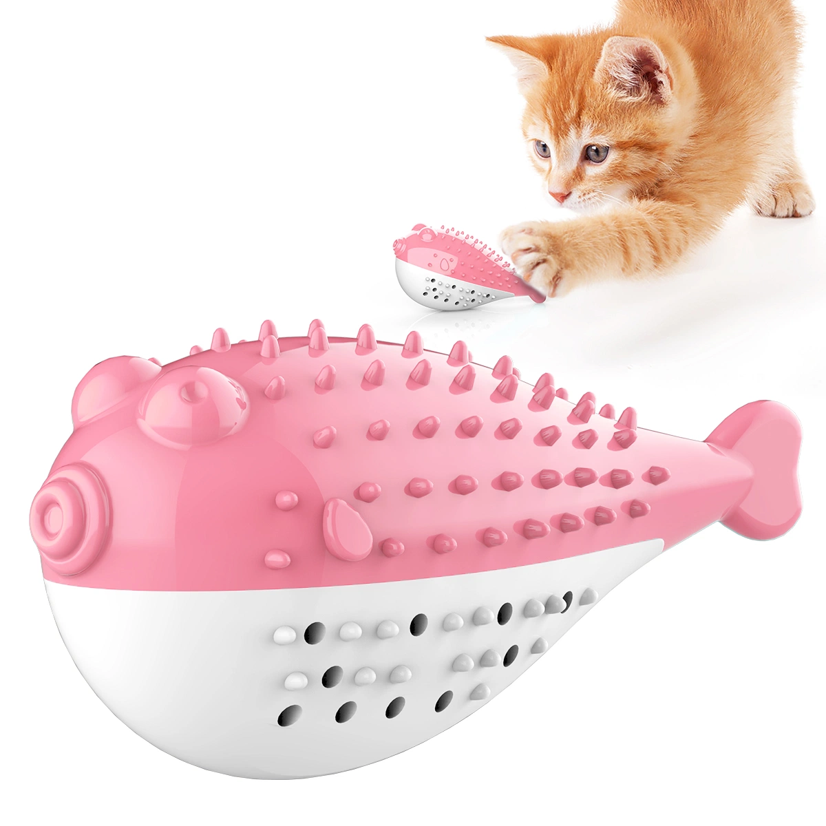 Puffer Fish Shaped Sound Toys Improve Intelligence Teeth Cleaning Grinding Cat Toothbrush