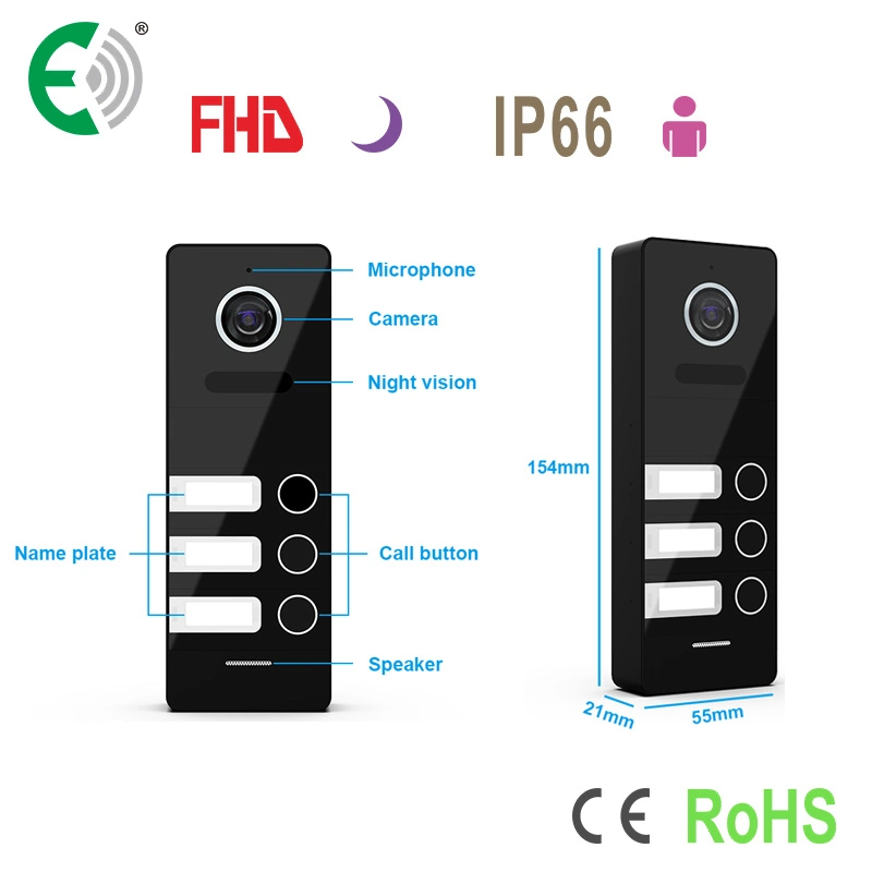 4-Wire 10.1"HD 3 Apartments Security Video Doorphone Intercom System with Touch Buttons