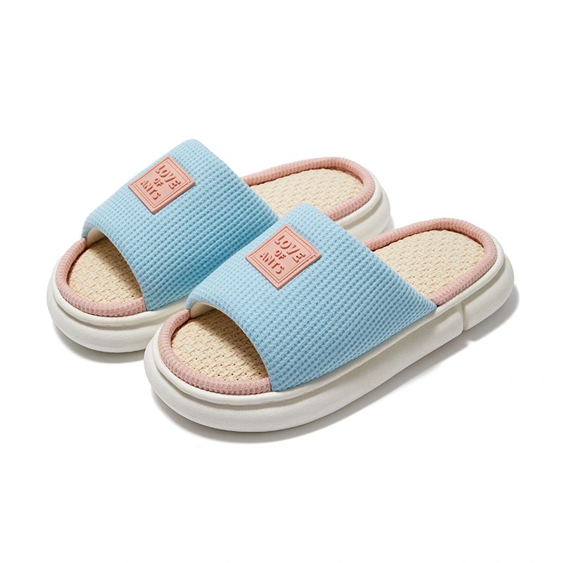 Waffle Fabric Cotton Linen Slippers Thick-Soled Non-Slip All Seasons Soft Bottom Shoes