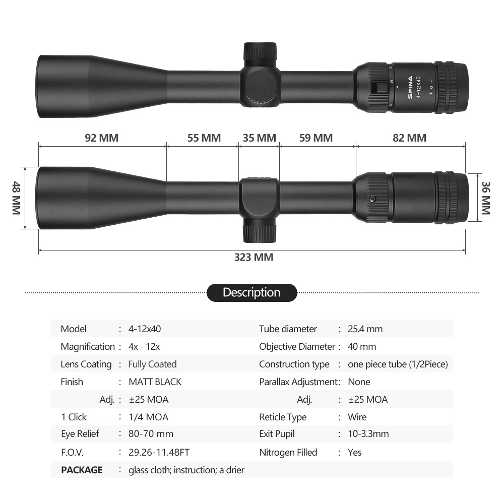 Visor de caza de la óptica de la espina de un ajuste de la mano 4-12x40 Alcance