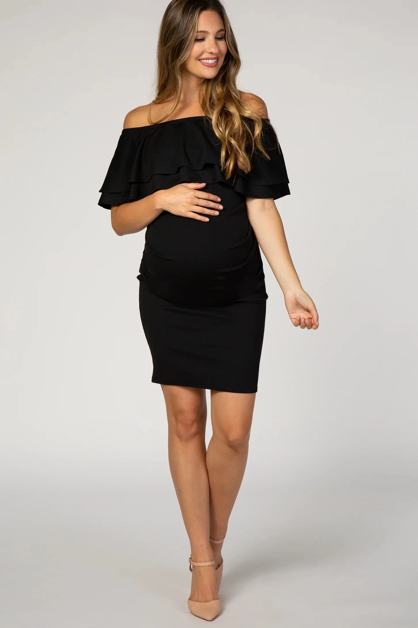 White off Shoulder Ruched Maternity Dress