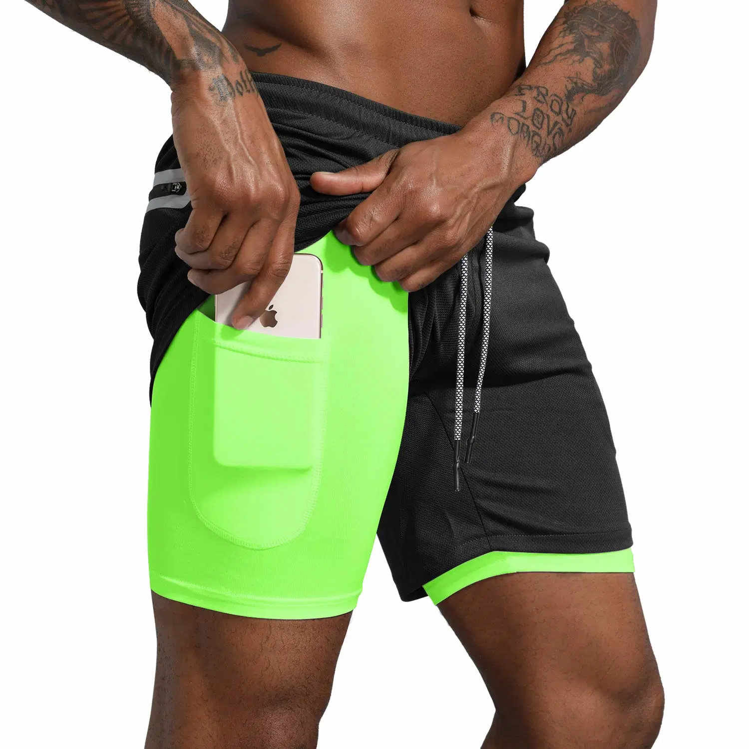 Men&prime; S 2 in 1 Workout Running Shorts Lightweight Training Yoga Gym 7" Short with Zipper Pockets