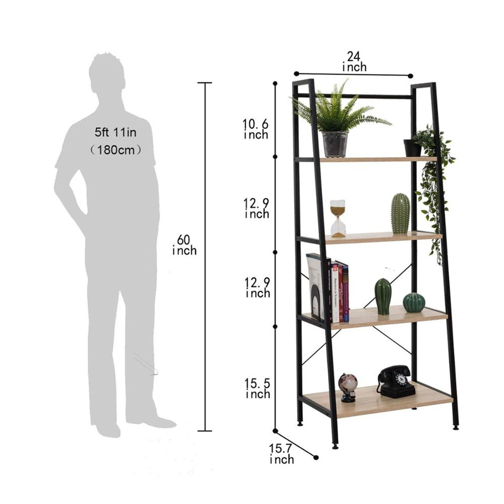 4 Tier Wooden Ladder Bookshelf Metal Frame Industrial Bookshelf Display Rack