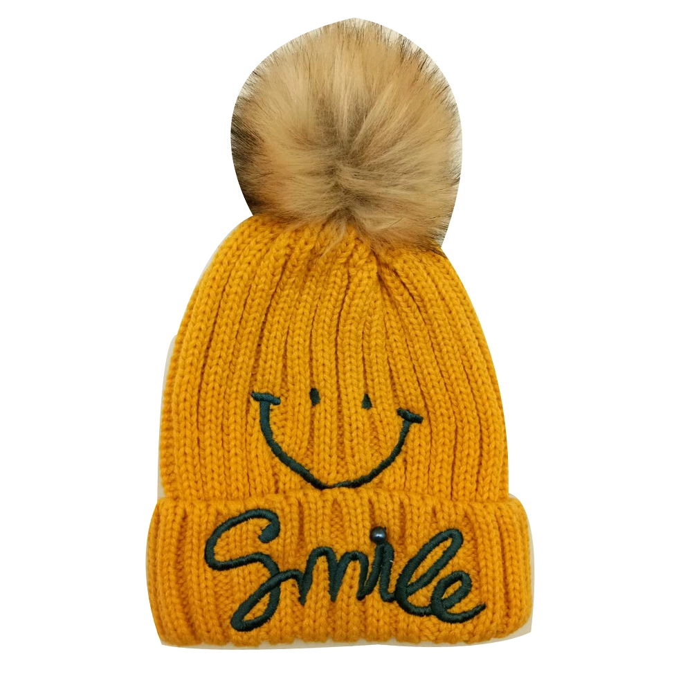 Kids' Winter Warm Fashion Knitted Hat with 3D Embroidery and Fake Fur Pompoms