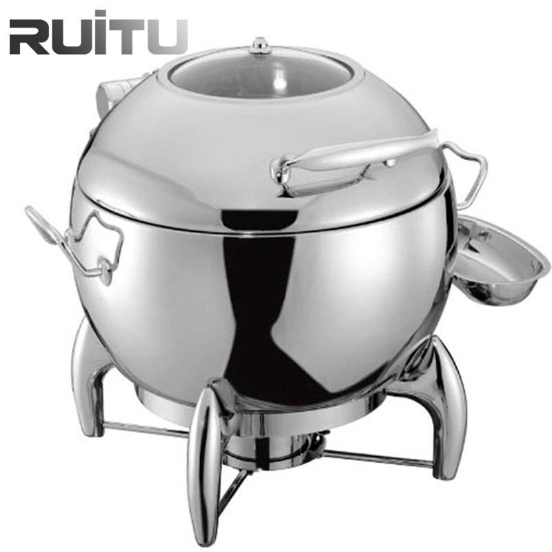 Buffet Line 11 Qt Round Stainless Steel Induction Soup Chafer with Glass Top Soft-Close Lid and Stand with Fuel Holder Glass Top Soup Tureen Chafing Dish