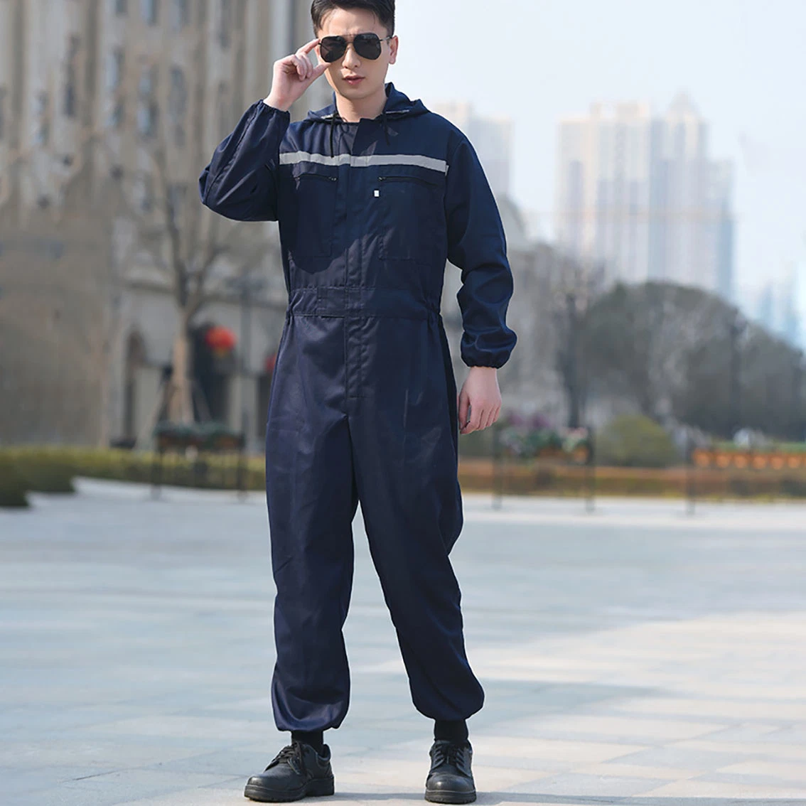 Industrial Outdoor Work Clothes Overall Hooded Zipper Pure Color Workwear Work Suit