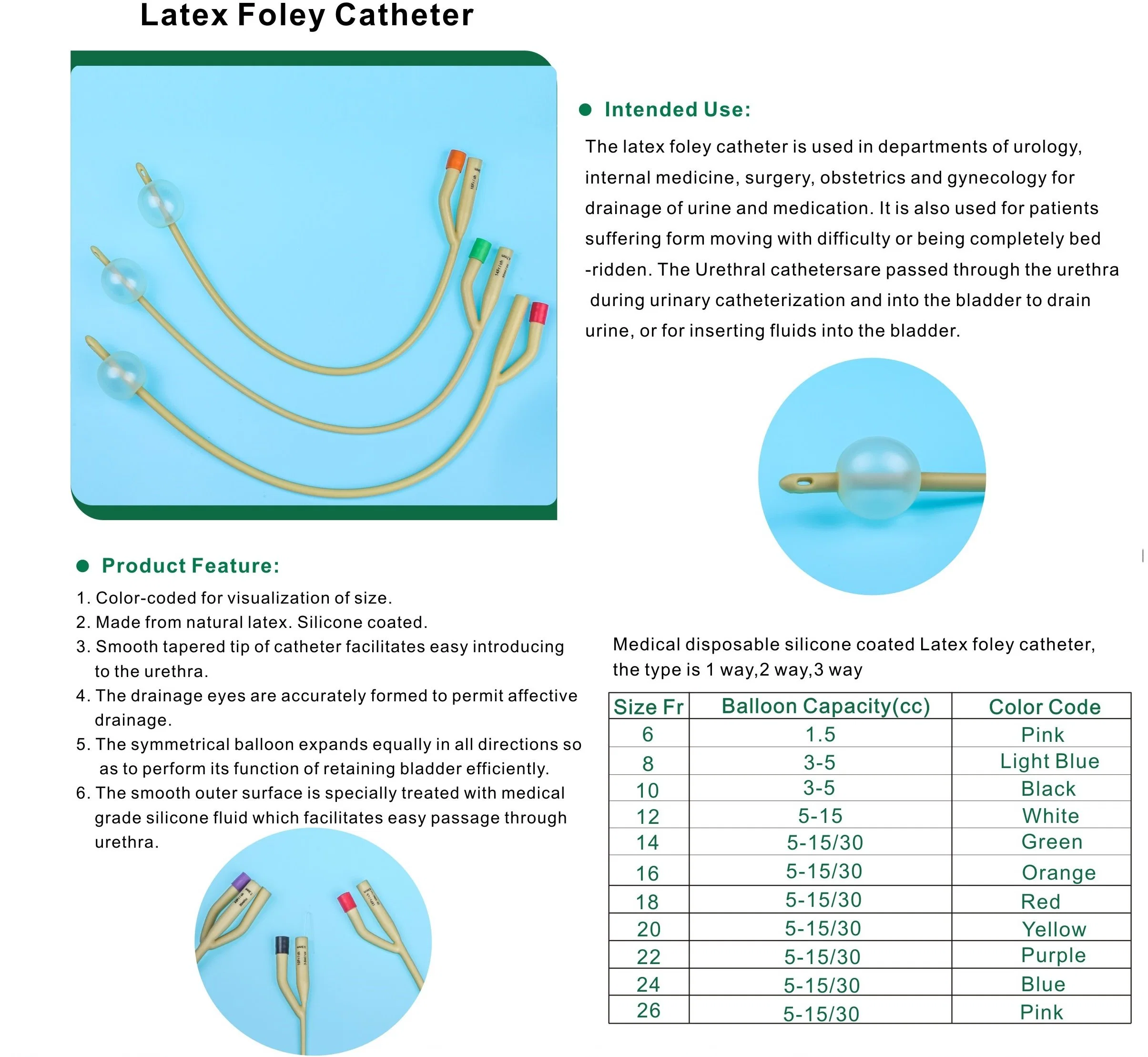 100% Medical Latex Urethral Foley Catheter 3 Way