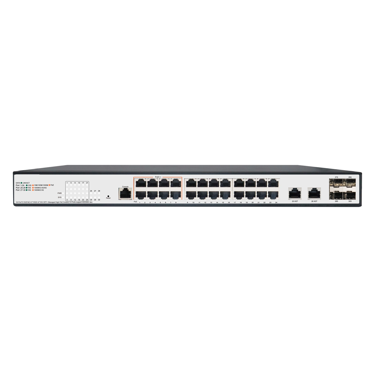 24 puertos 2.5gbe Poe 802.3bt con 6 puertos uplink 10g 2*10g RJ45+4*10G SFP+