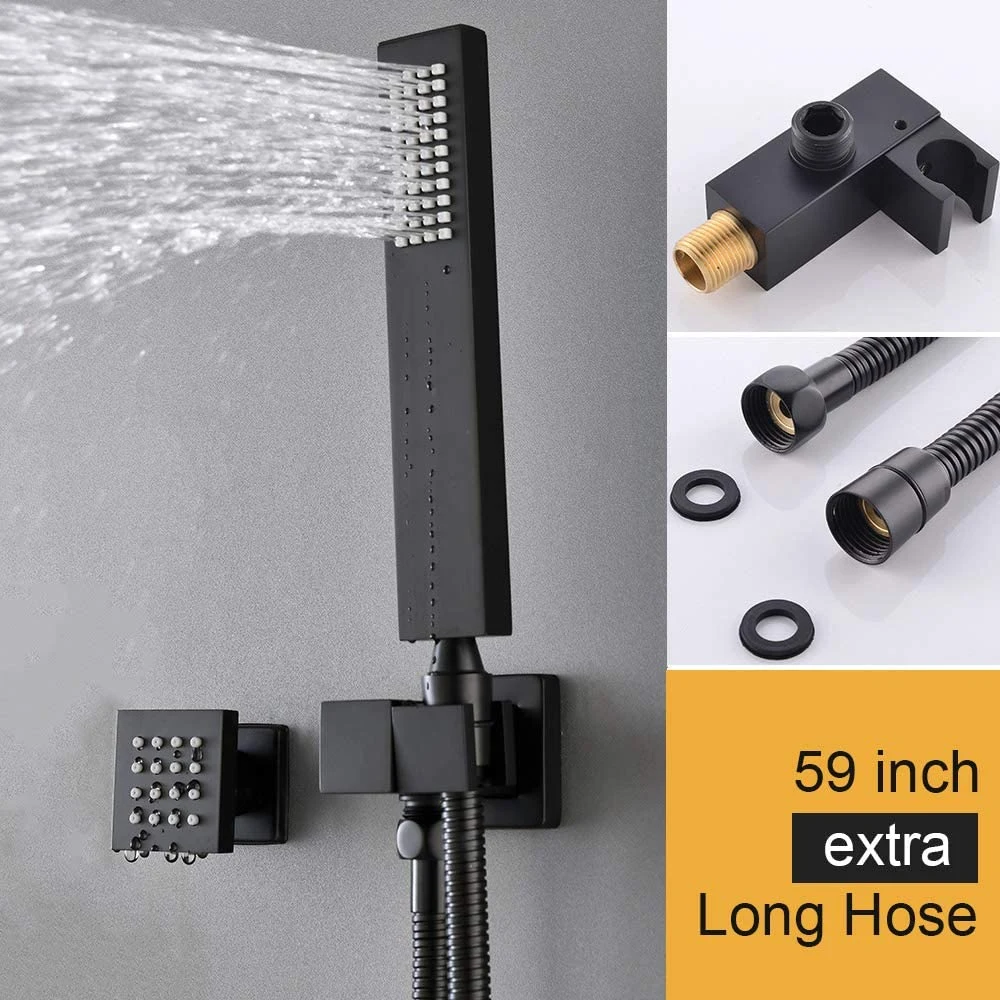 Matte-Black Rain Shower System - 16 Inch Ceiling Rainfall Square Head with Handheld Spray and Full Body Jets, Thermostatic Brass Valve Faucet Sets Complete