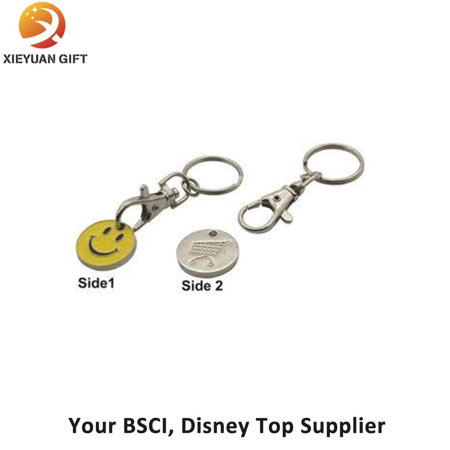 Supermarket Promotion Smily Trolley Coin Keychain Metal Key Chain