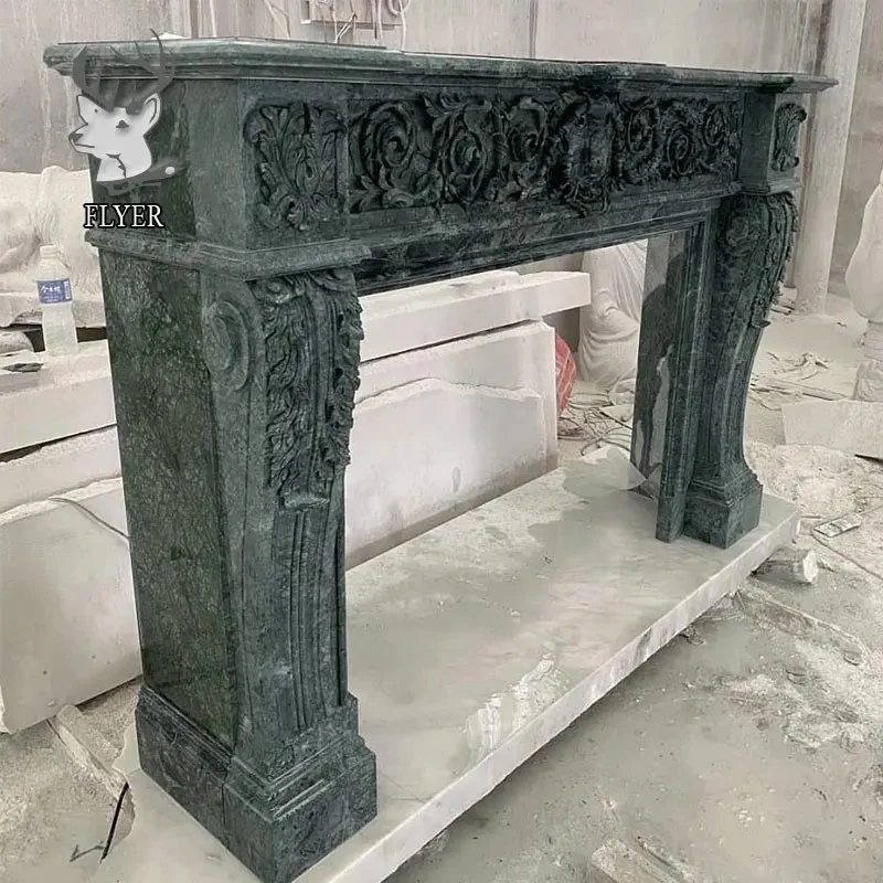 Customized Modern French Home Freestanding Stone Carving Fireplace Surround Polished Natural Green Marble Fireplace Mantel
