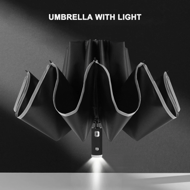 Wholesale/Supplier Three Folding Automatic Open and Close LED Light Reverse Rain Umbrella with Flashlight Reflective Strip