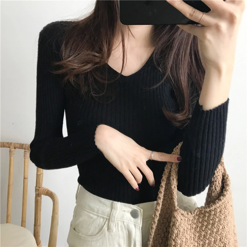 Women Autumn and Winter V-Neck Knitwear Top Slim Fit Bottom Sweater