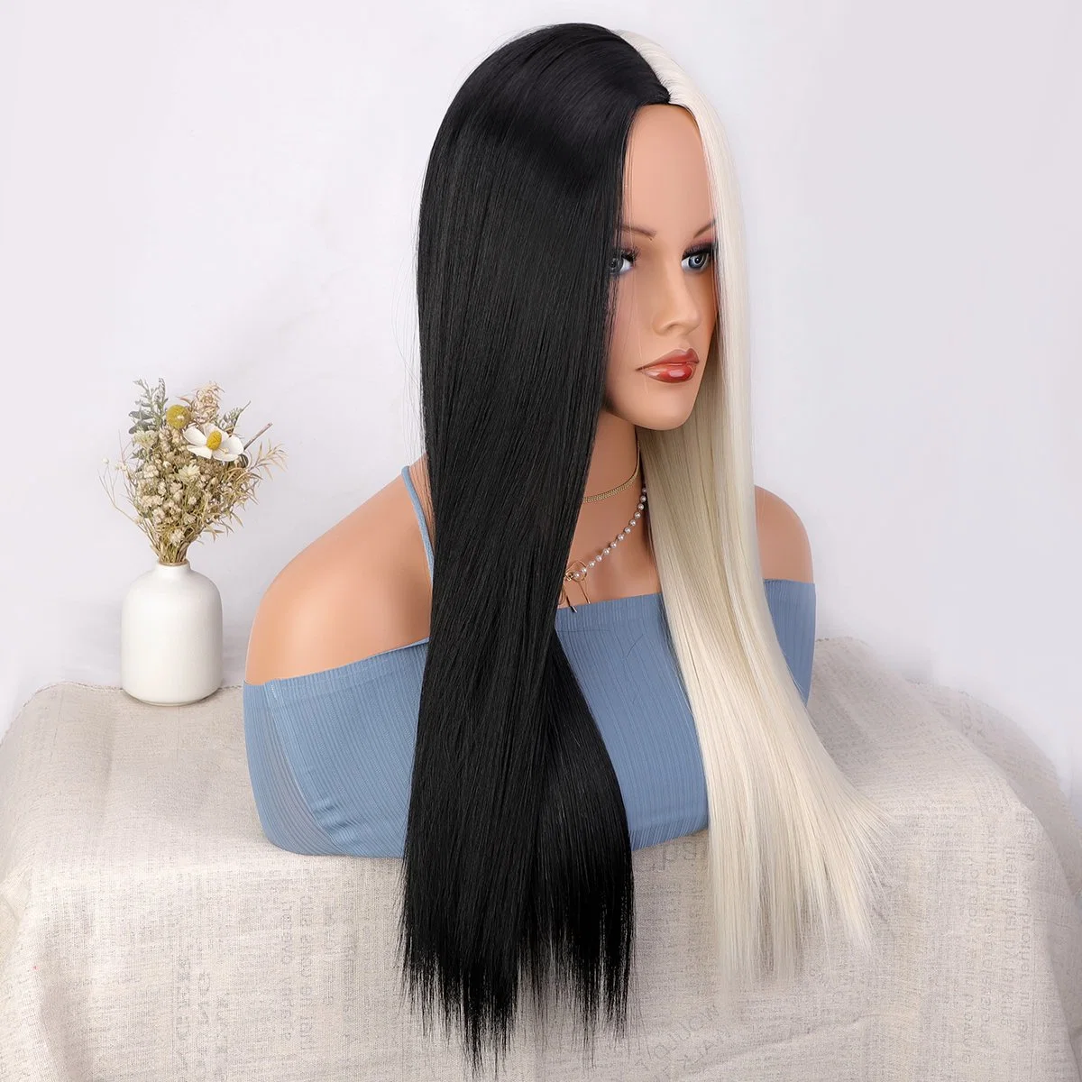 Long Straight Half Cream White Half Black Synthetic Fiber Hair Wig