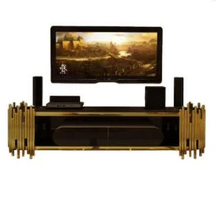 Black Tempered Glass Storage Gold Metal Base Function Cabinet TV Stand for Living Design