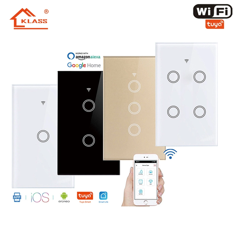 Klass Us Standard IP65 Bluetooth Wireless WiFi Wall Touch Tuya Electrical Light Switch with Tempered Glass Smart Switch