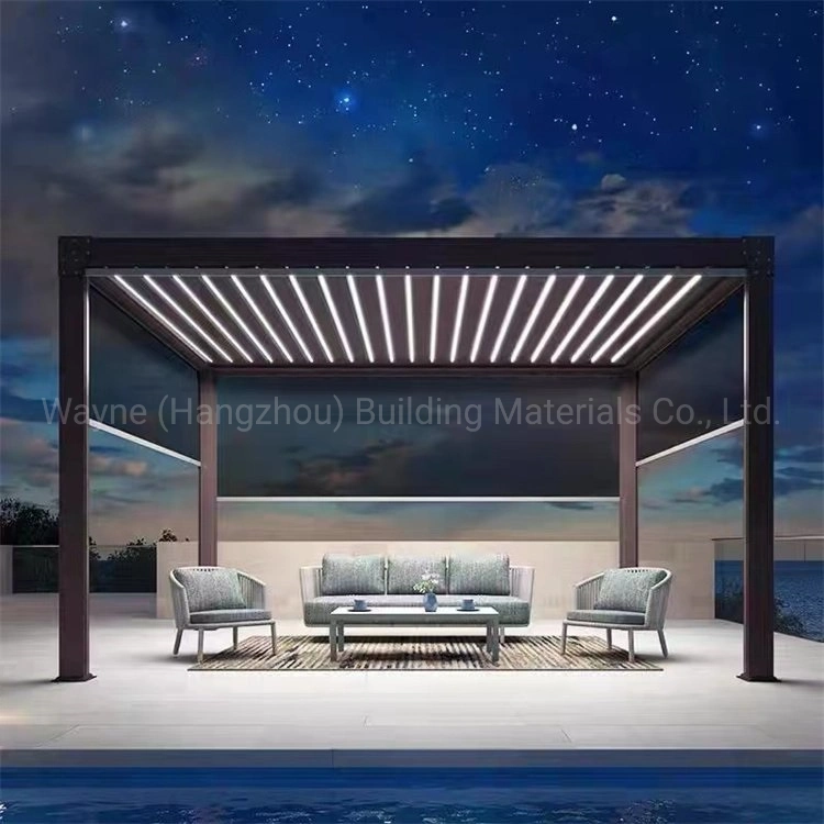 Outdoor Motorisierte Manuelle Metall Wasserdichte Aluminium-Vordach Garten Gazebo Markise Carport Lamellendach Aluminium Pergola mit Windschutzscheibe Glasfenster Tür