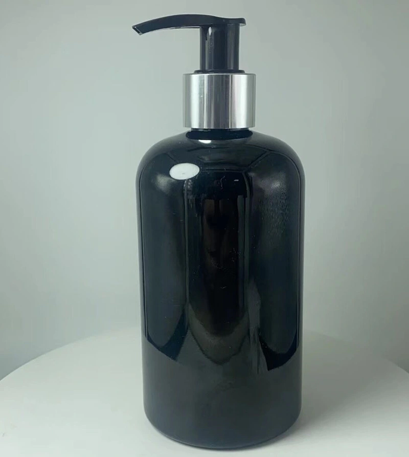 360ml Black Plastic Pet Cosmo Round Lotion Bottle with Black and Silver Lotion Pump