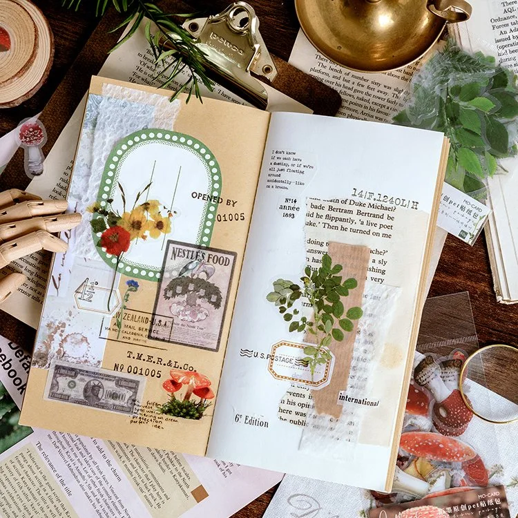 La Chine fournisseur DIY Vintage fleur des feuilles des plantes Journal étiquette Die Cut Adhésif Décoratif Pet Stickers étanche