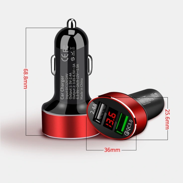 QC3.0+2.4uma identificação inteligente display LED digital USB duplas Carregador Veicular