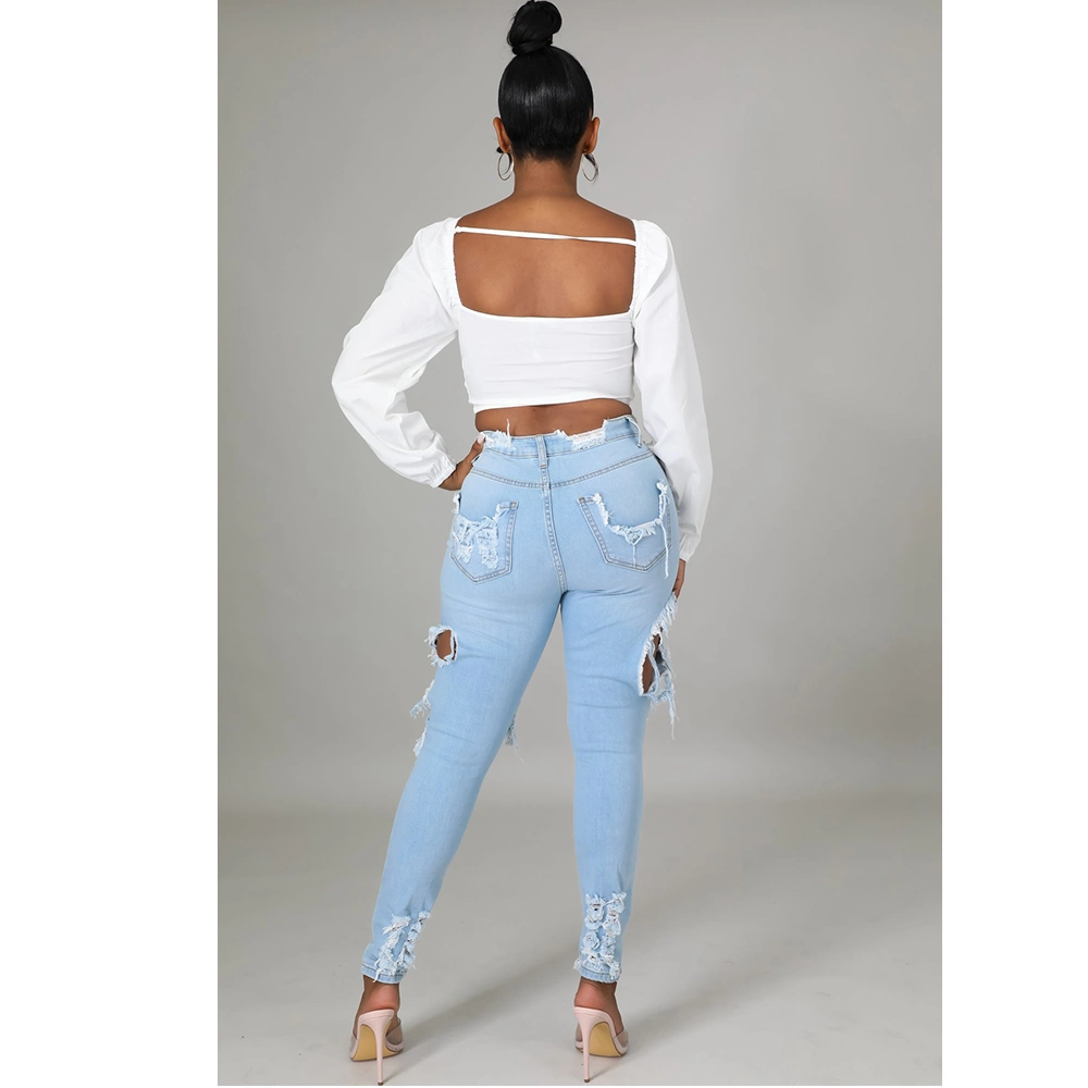 La moda de la mujer vaqueros Skinny Azul Ripped Jeans Pantalones Mujer Mayorista/Proveedor de 2022.