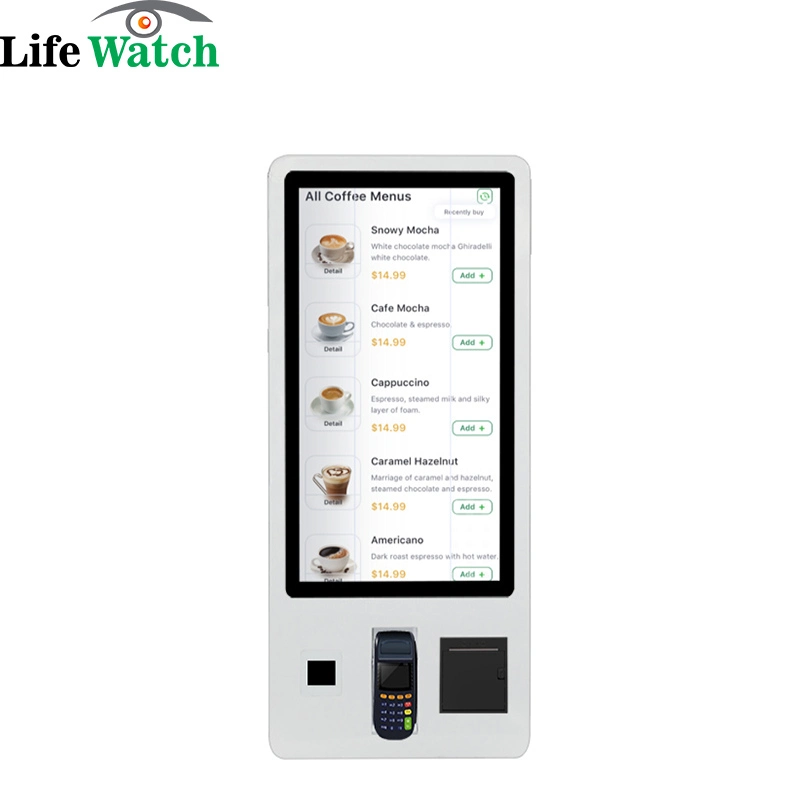 Terminal LCD de 22 polegadas para encomenda de alimentos self-service montado na parede com POS pos Suporte da impressora térmica do leitor de códigos de barras